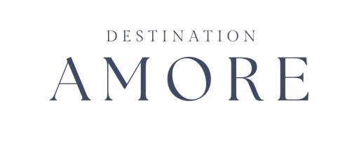 Destination Amore written in dark blue on white background