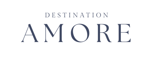 Destination Amore written in dark blue on white background