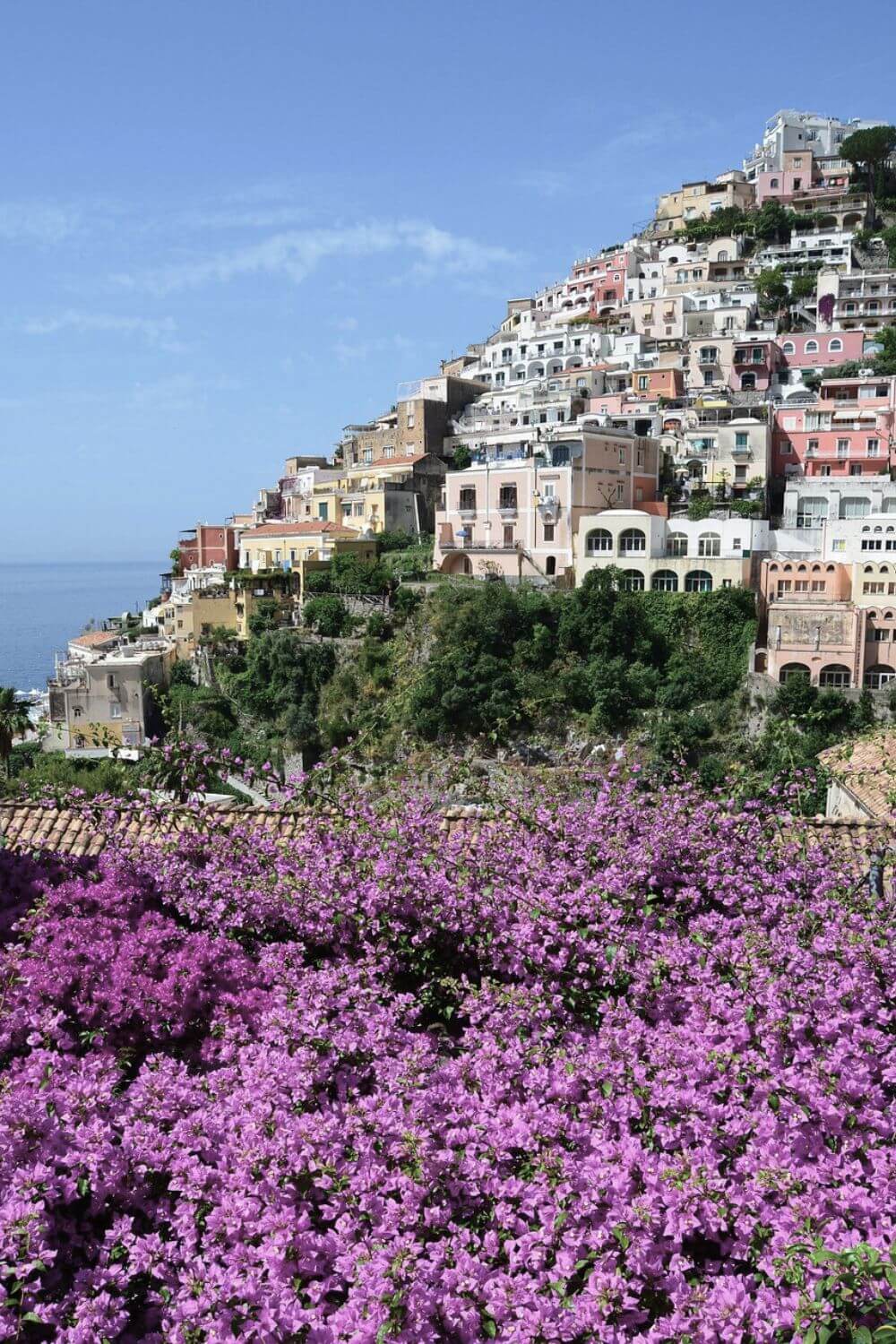 Positano on the Amalfi Coast with beautiful flowers in foreground